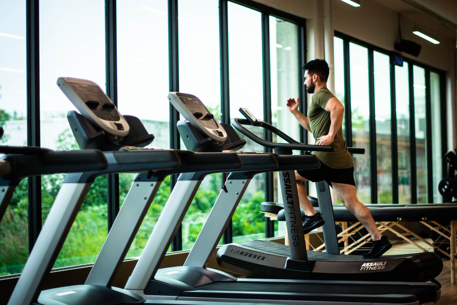 Fitness club with treadmills